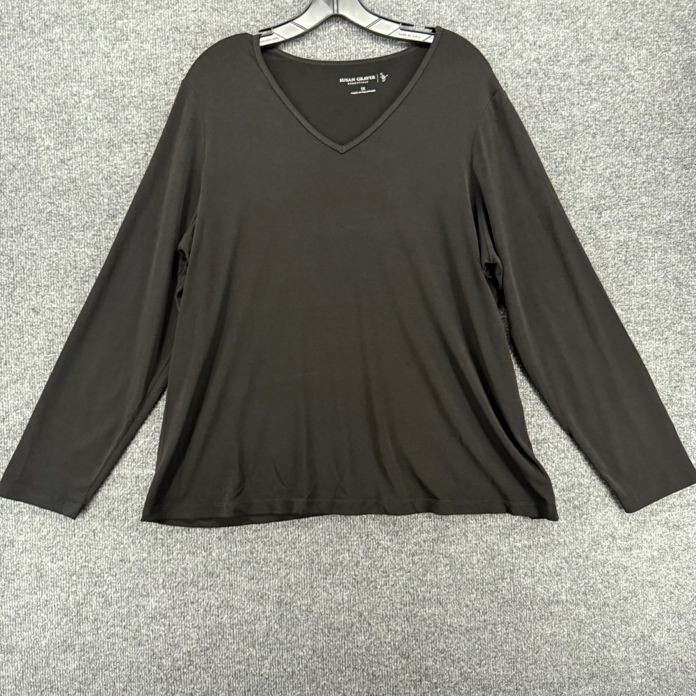 Susan Graver Blouse Top Womens 1X Black V-Neck Essentials Stretch Ladies Casual‎